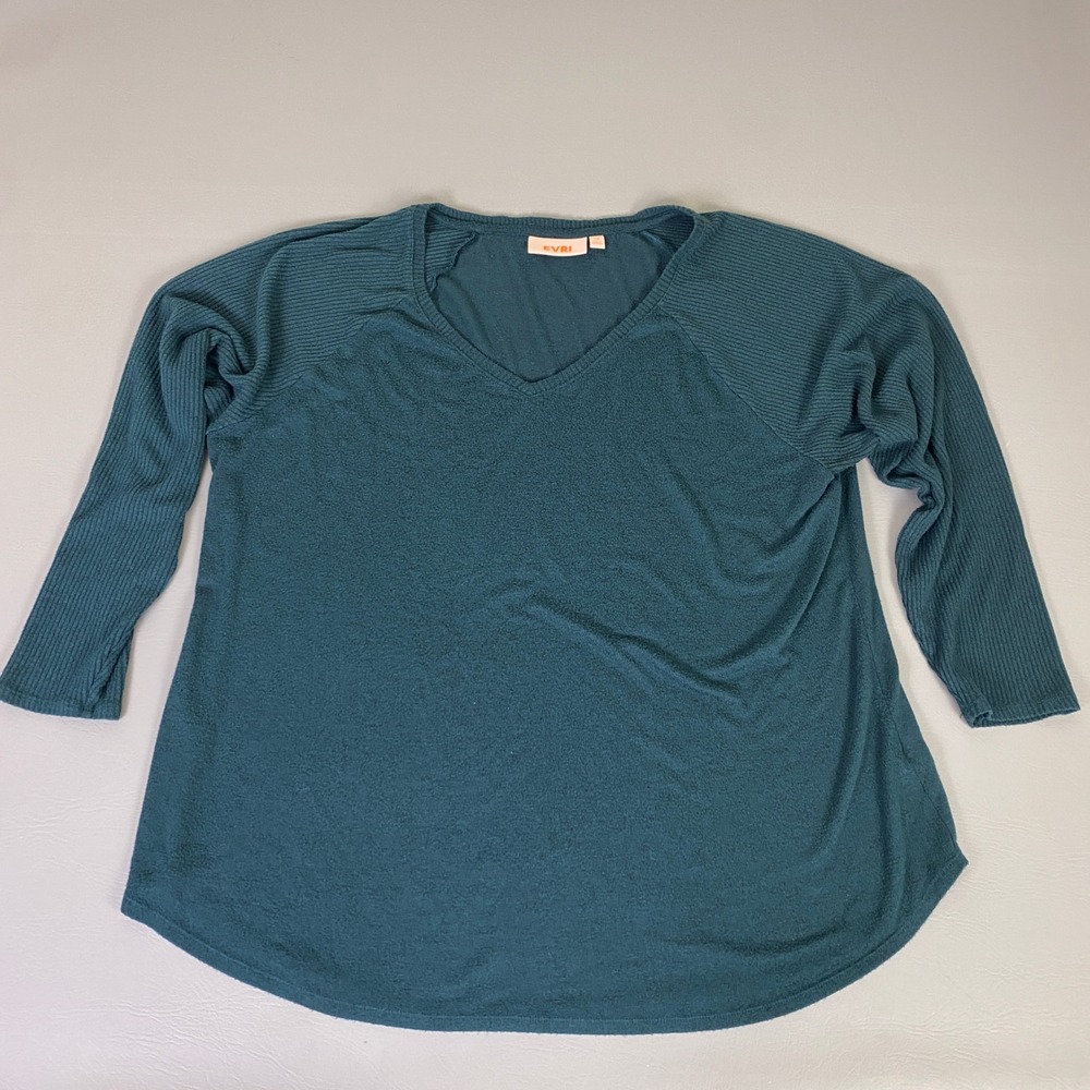 EVRI Tunic Top Women's Plus Size 1X Teal Green Ribbed Knit V Neck Rayon Blend
